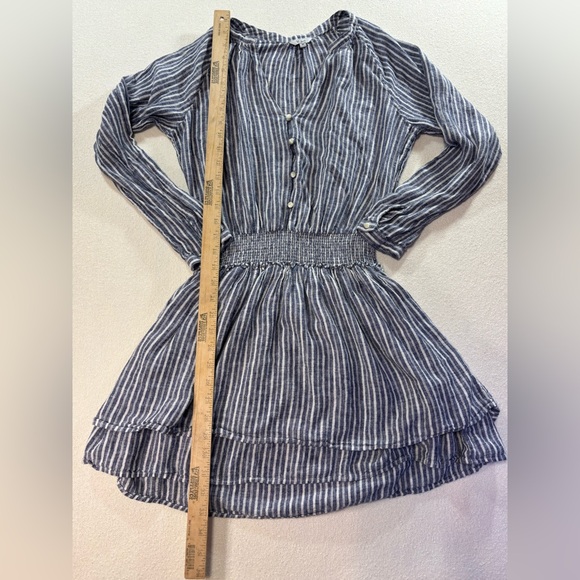 Rails Jasmine Tibet Stripe Blue White Linen Dress Long Sleeve Smocked Womens M - Picture 4 of 8